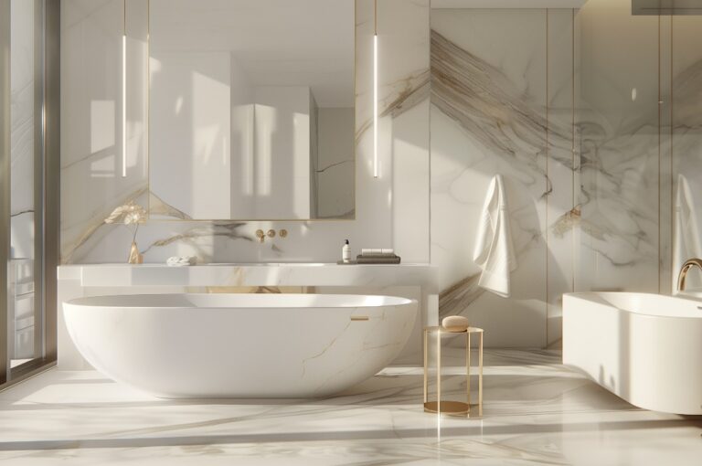 Hauptbadezimmer mit Wänden aus Carrara-Marmor, einer freistehenden Badewanne und minimalistischen Messingarmaturen für ein luxuriöses und doch dezentes Ambiente.