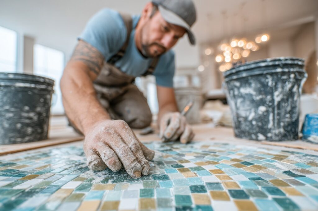Ein professioneller Fliesenleger verlegt sorgfältig ein Mosaikfliesenmuster, wobei er sicherstellt, dass jedes Stück perfekt ausgerichtet und mit Fugenmörtel gesichert ist, und zeigt so sein handwerkliches Können.