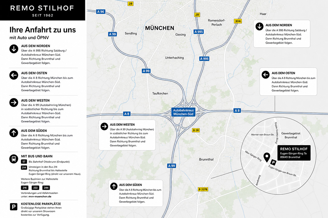 Karte von München mit Anfahrtsbeschreibung und Remo Stilhof Standortmarkierung
